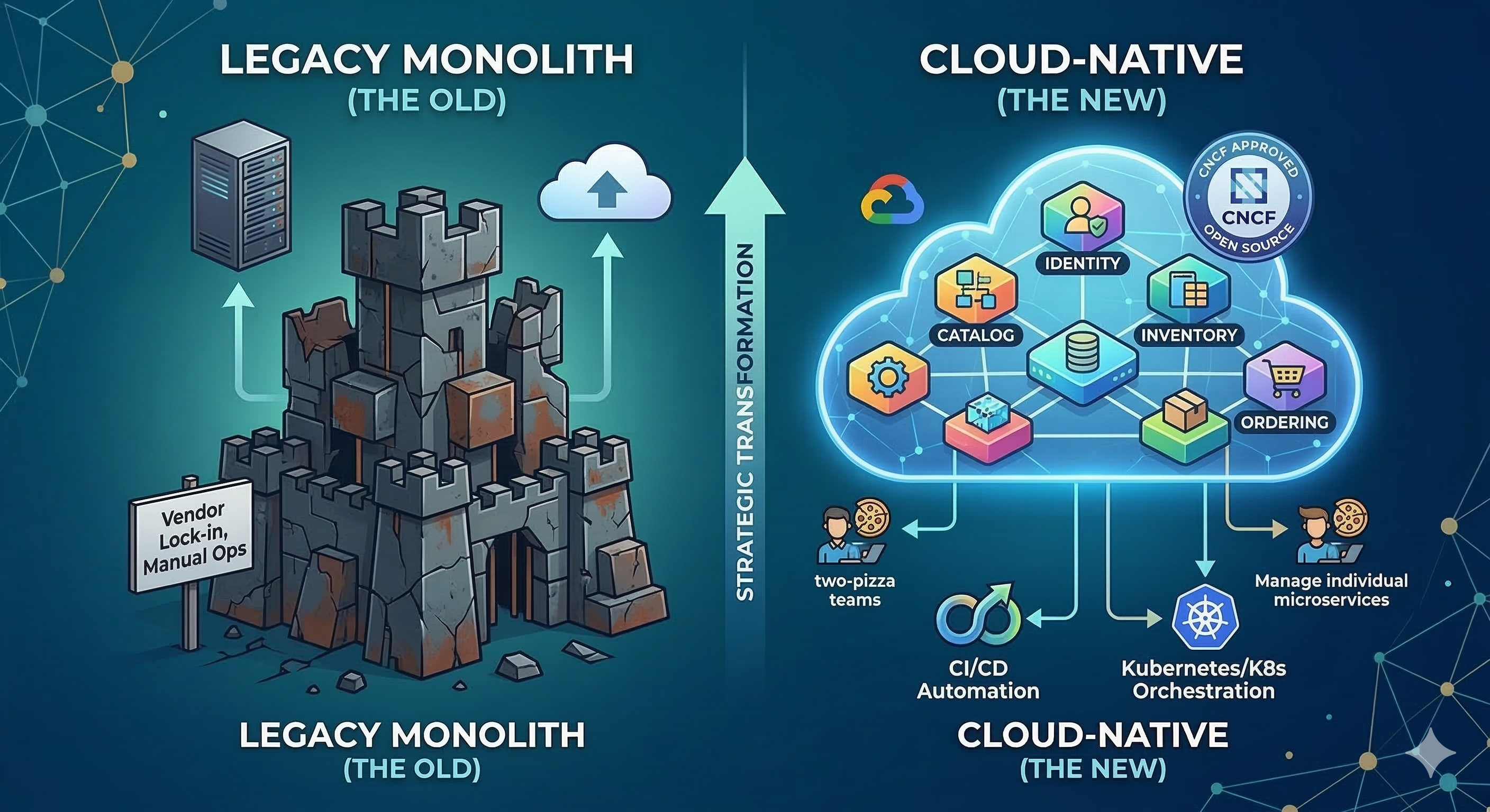 Infographic comparing Legacy Monolith vs Cloud-Native Open Source Microservices Architecture